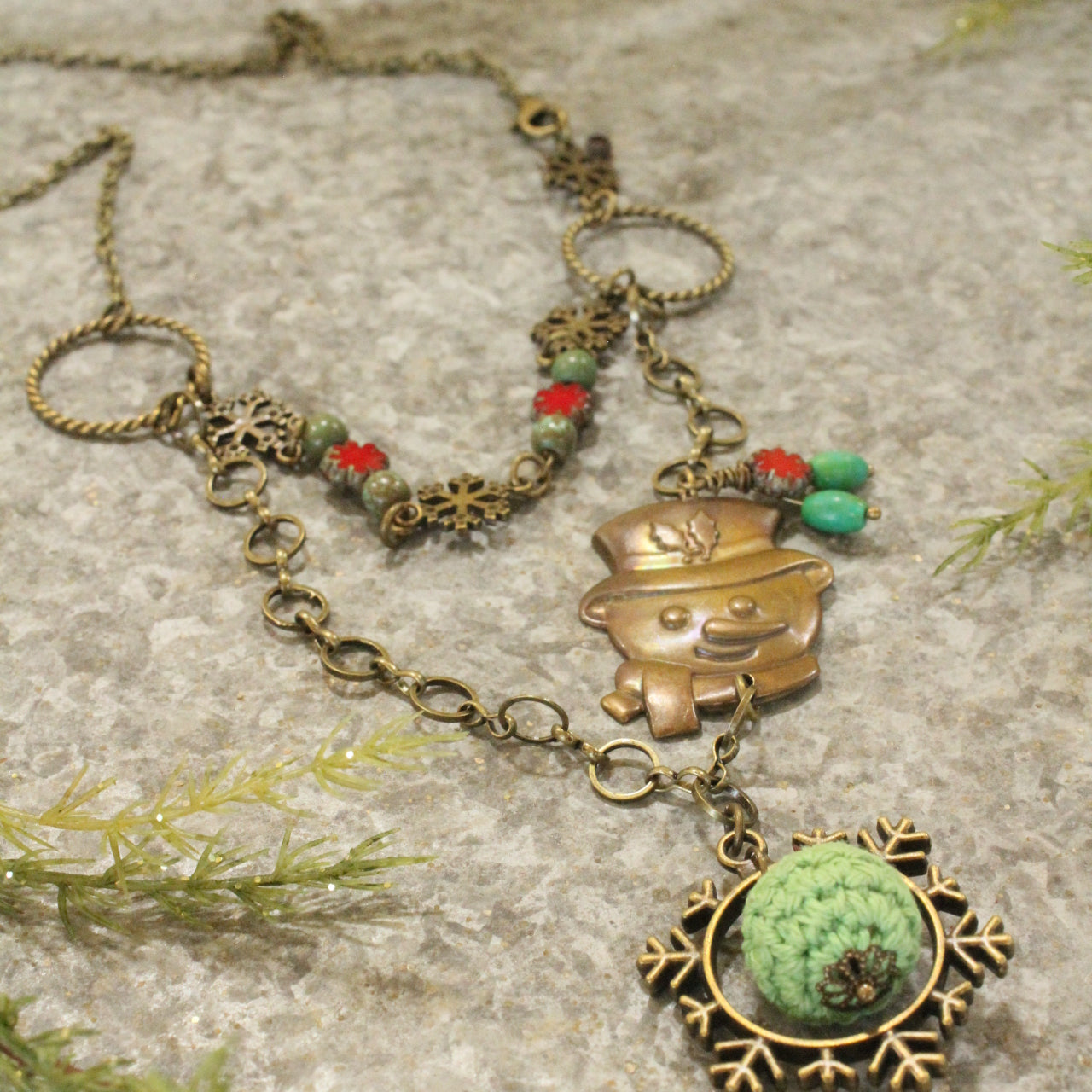 Vintage Snowman Brass Pendant W/Czech Holly Glass Layered Necklace