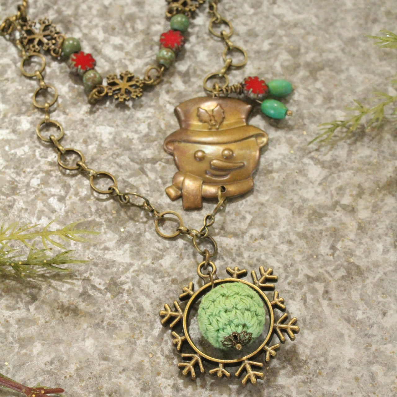 Vintage Snowman Brass Pendant W/Czech Holly Glass Layered Necklace