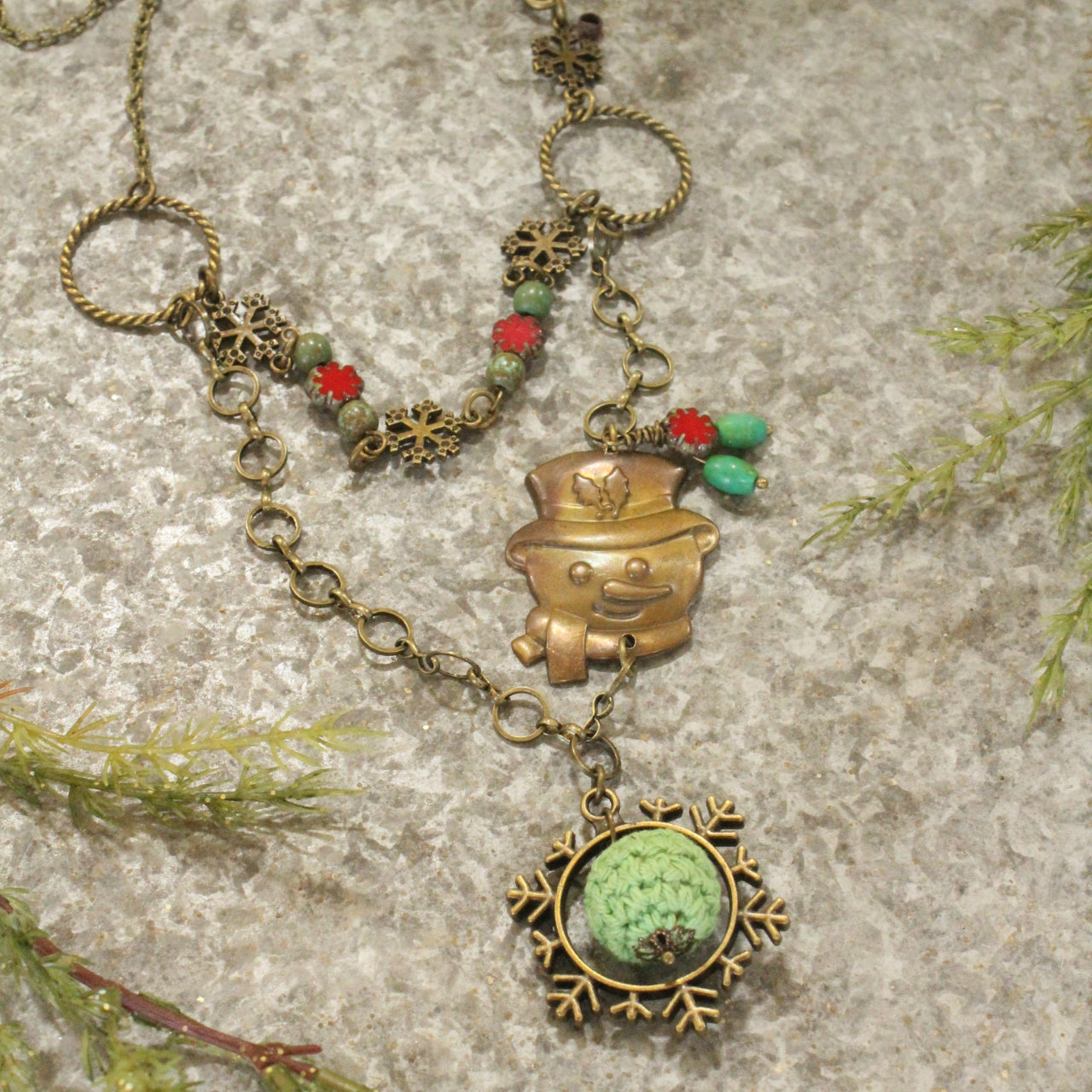 Vintage Snowman Brass Pendant W/Czech Holly Glass Layered Necklace