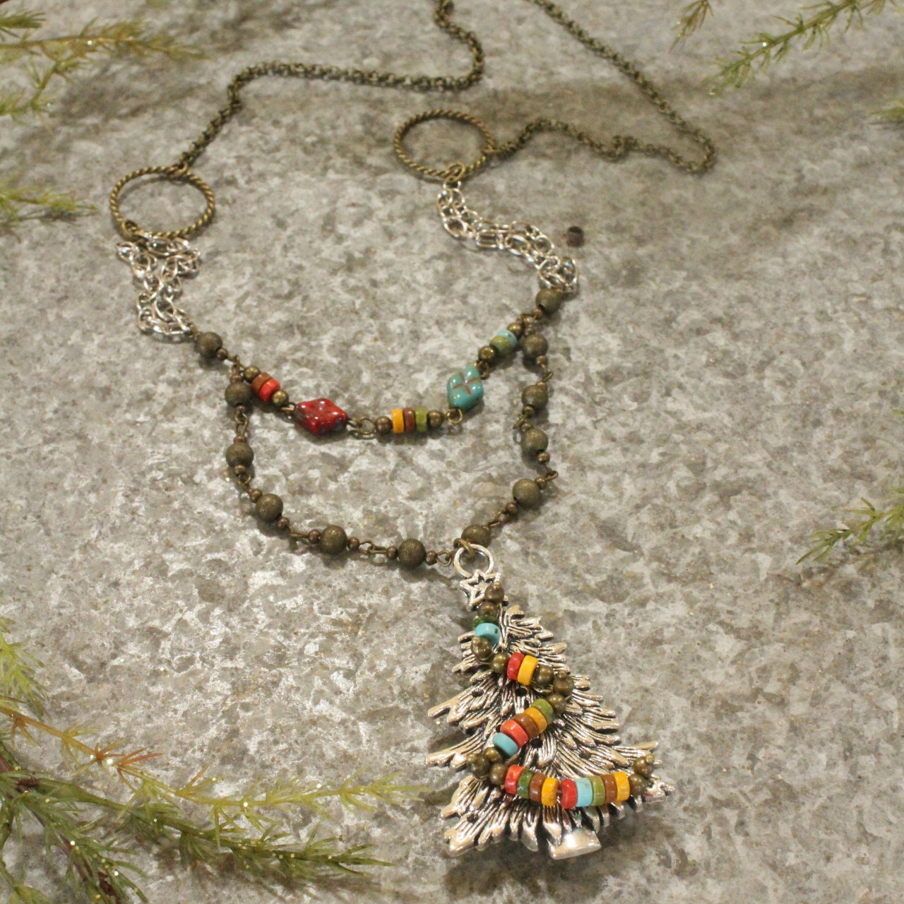 Mixed Metals Tree With Czech Packages & Garland Layered Pendant Necklace