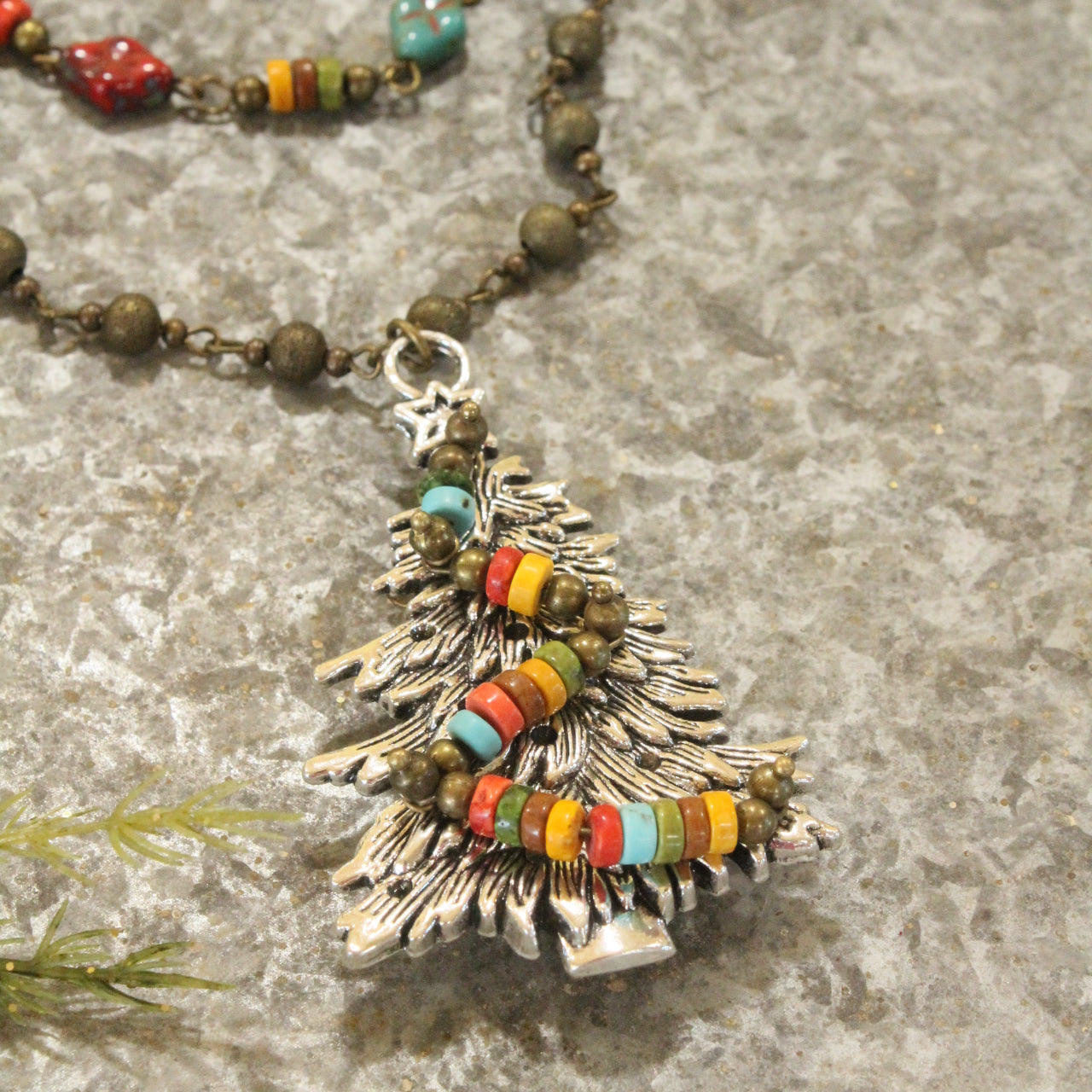 Mixed Metals Tree With Czech Packages & Garland Layered Pendant Necklace