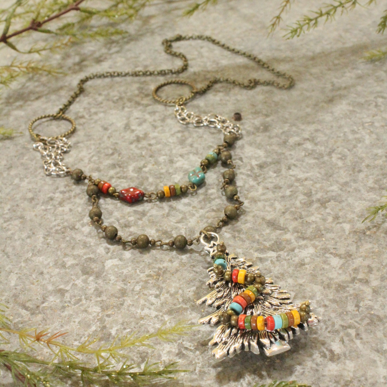 Mixed Metals Tree With Czech Packages & Garland Layered Pendant Necklace