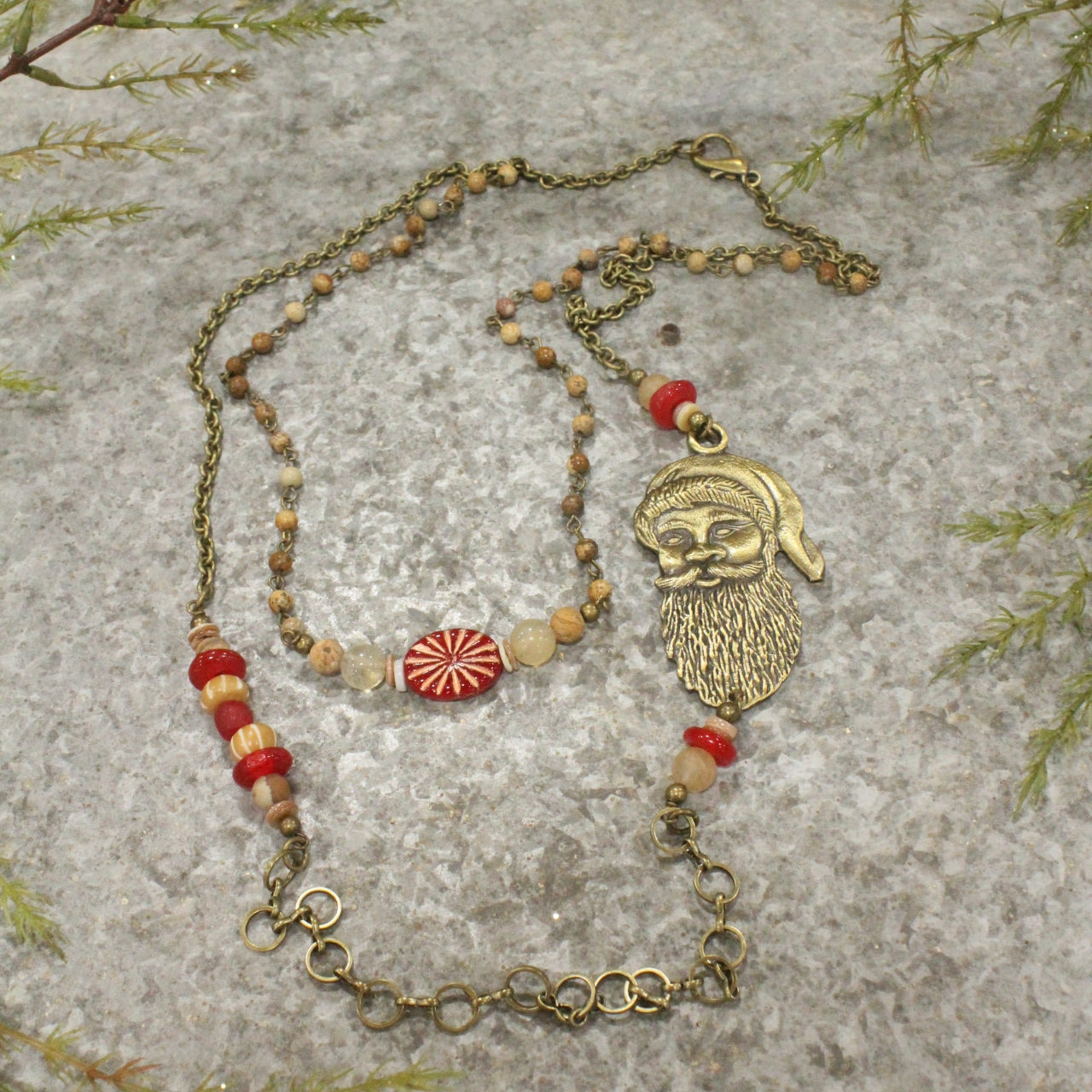 Bronze Santa & His Czech Candy Layered Pendant Necklace