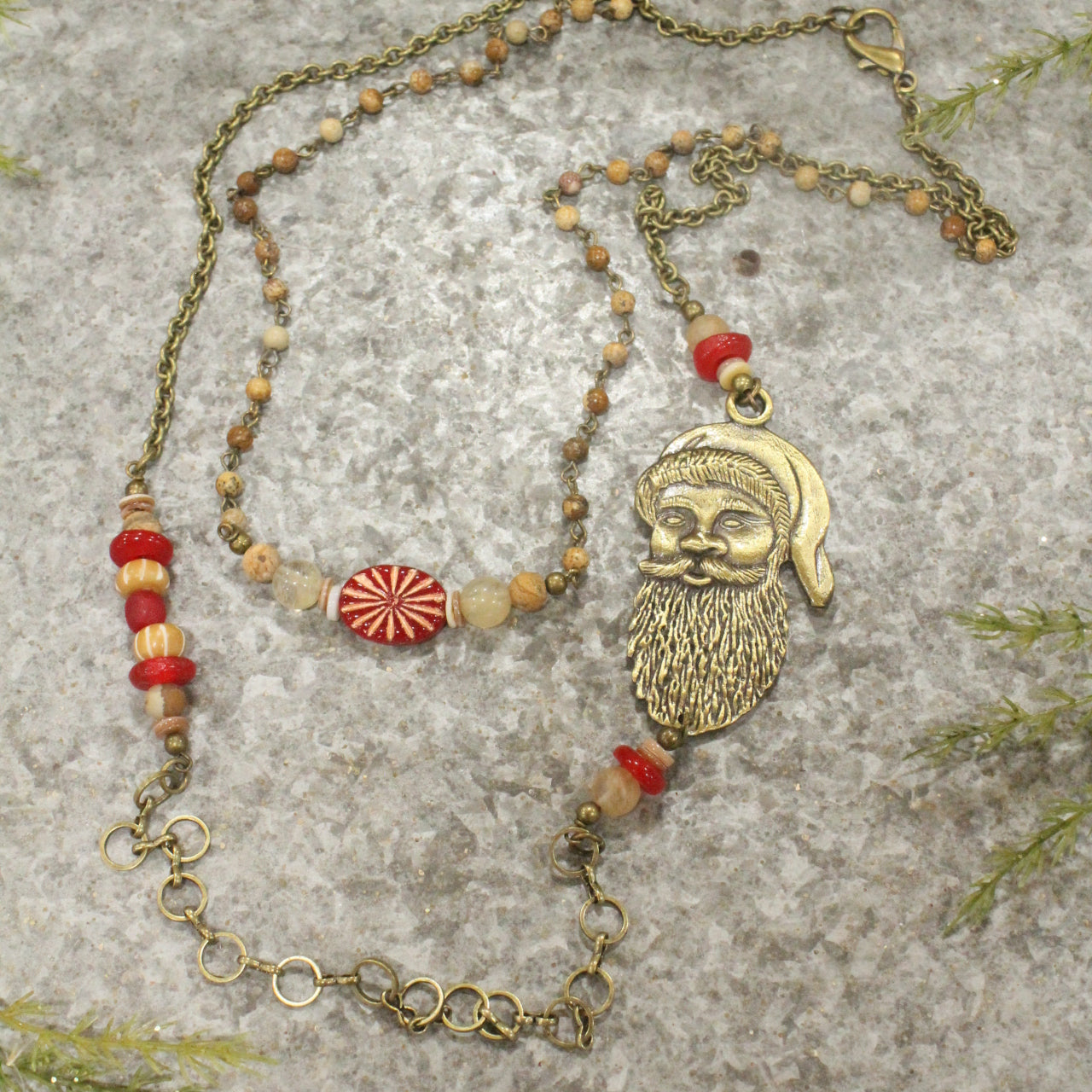 Bronze Santa & His Czech Candy Layered Pendant Necklace