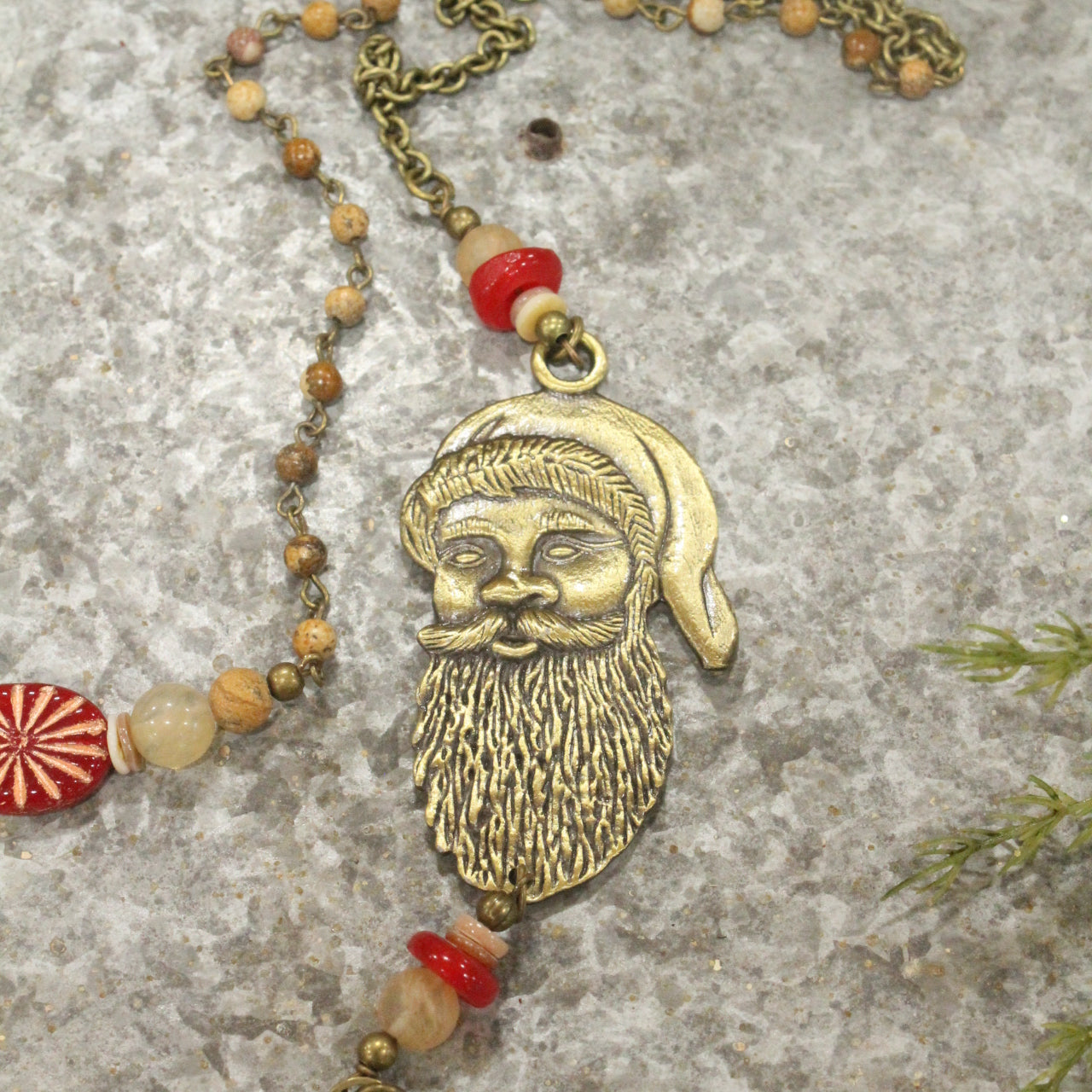 Bronze Santa & His Czech Candy Layered Pendant Necklace