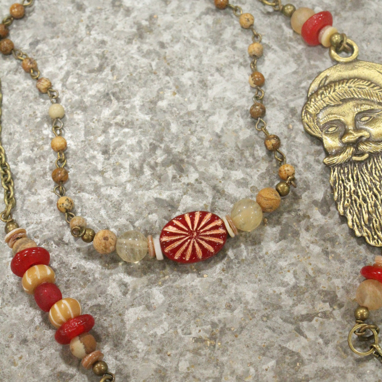 Bronze Santa & His Czech Candy Layered Pendant Necklace