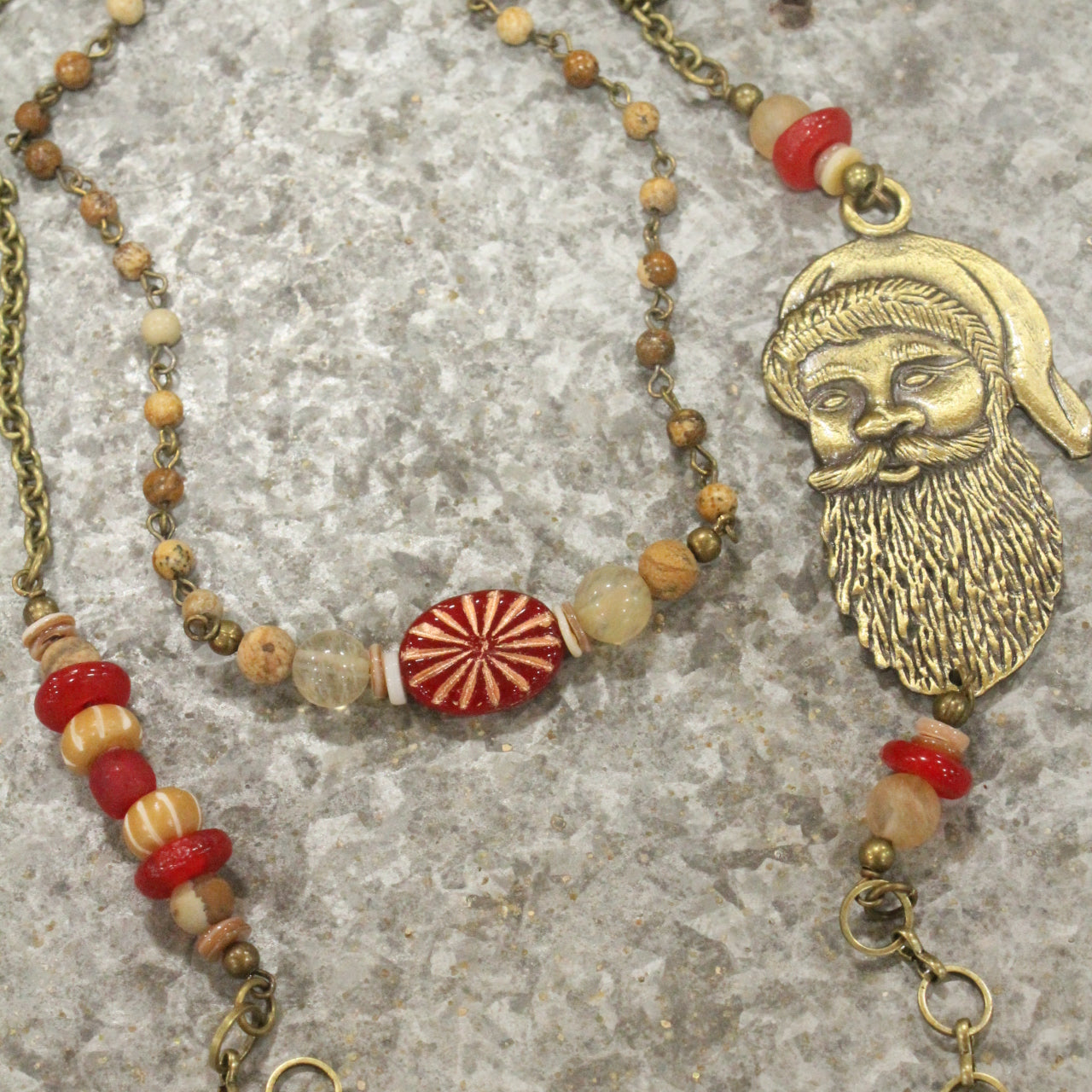 Bronze Santa & His Czech Candy Layered Pendant Necklace