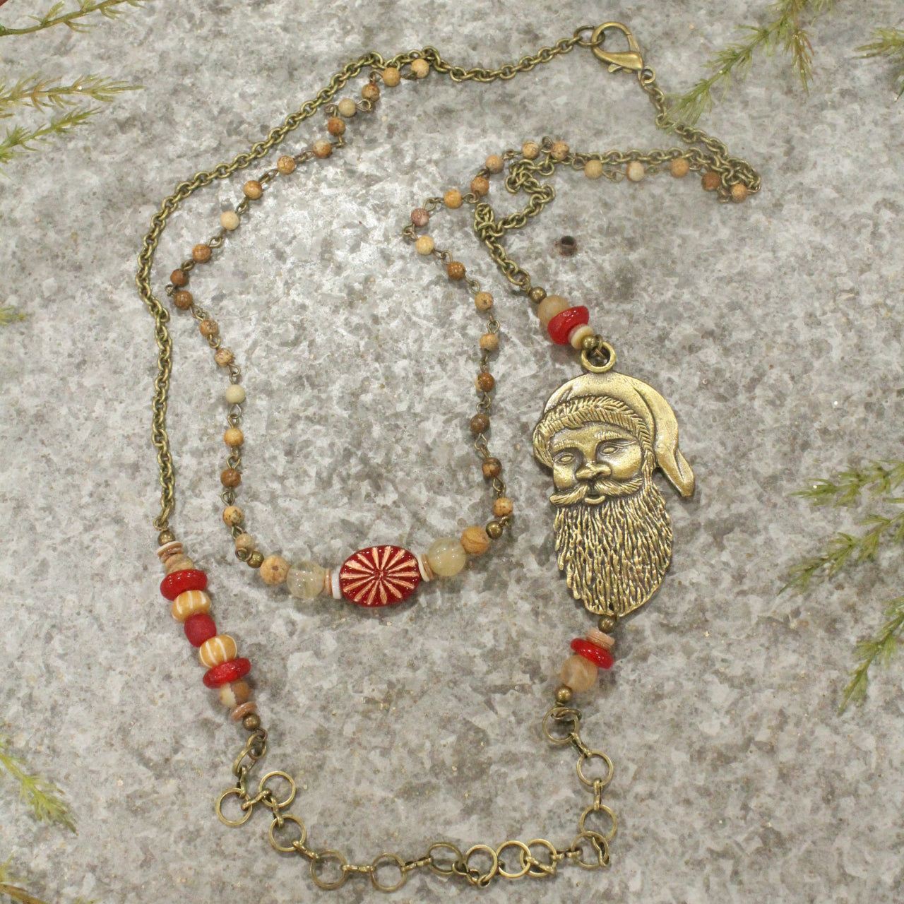 Bronze Santa & His Czech Candy Layered Pendant Necklace