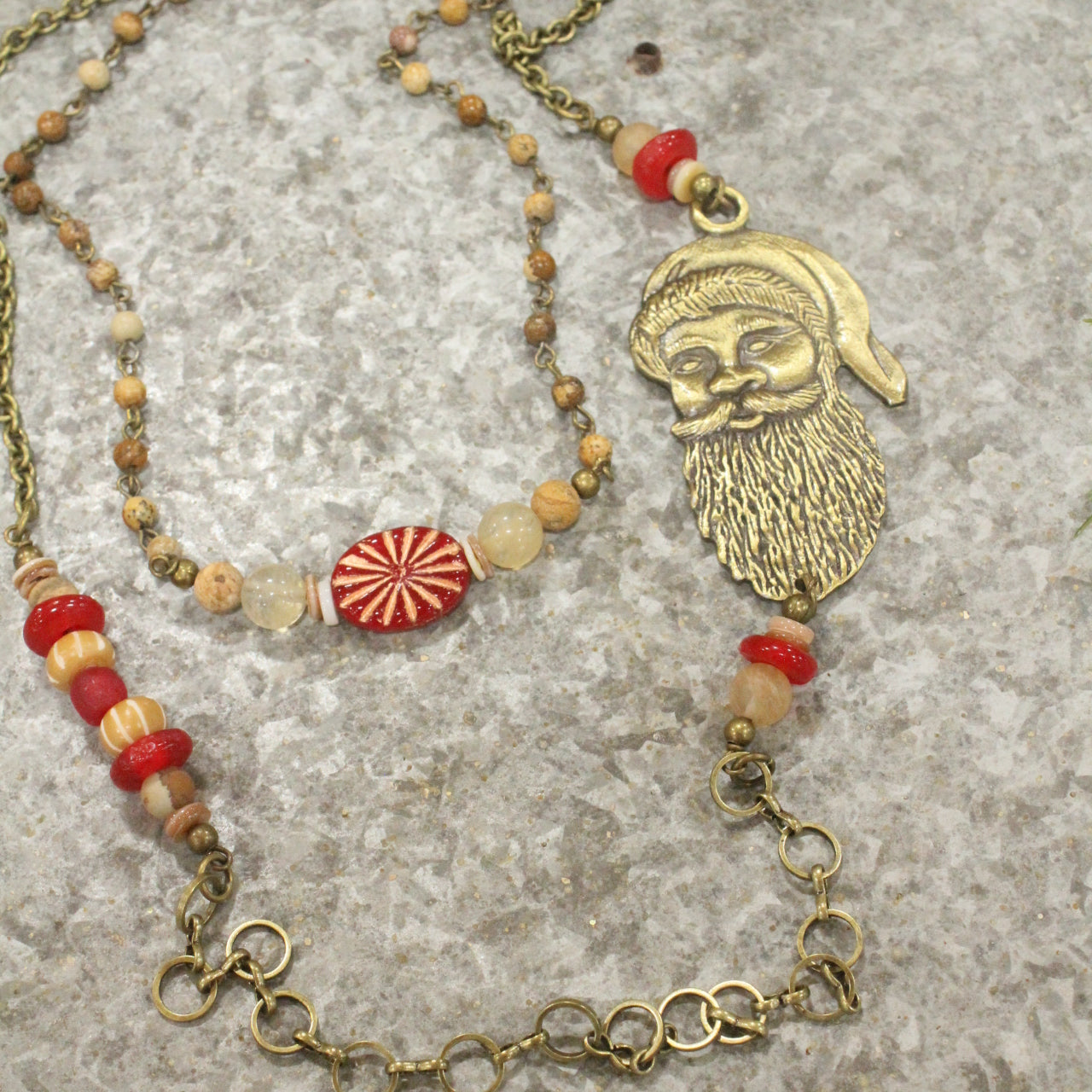 Bronze Santa & His Czech Candy Layered Pendant Necklace