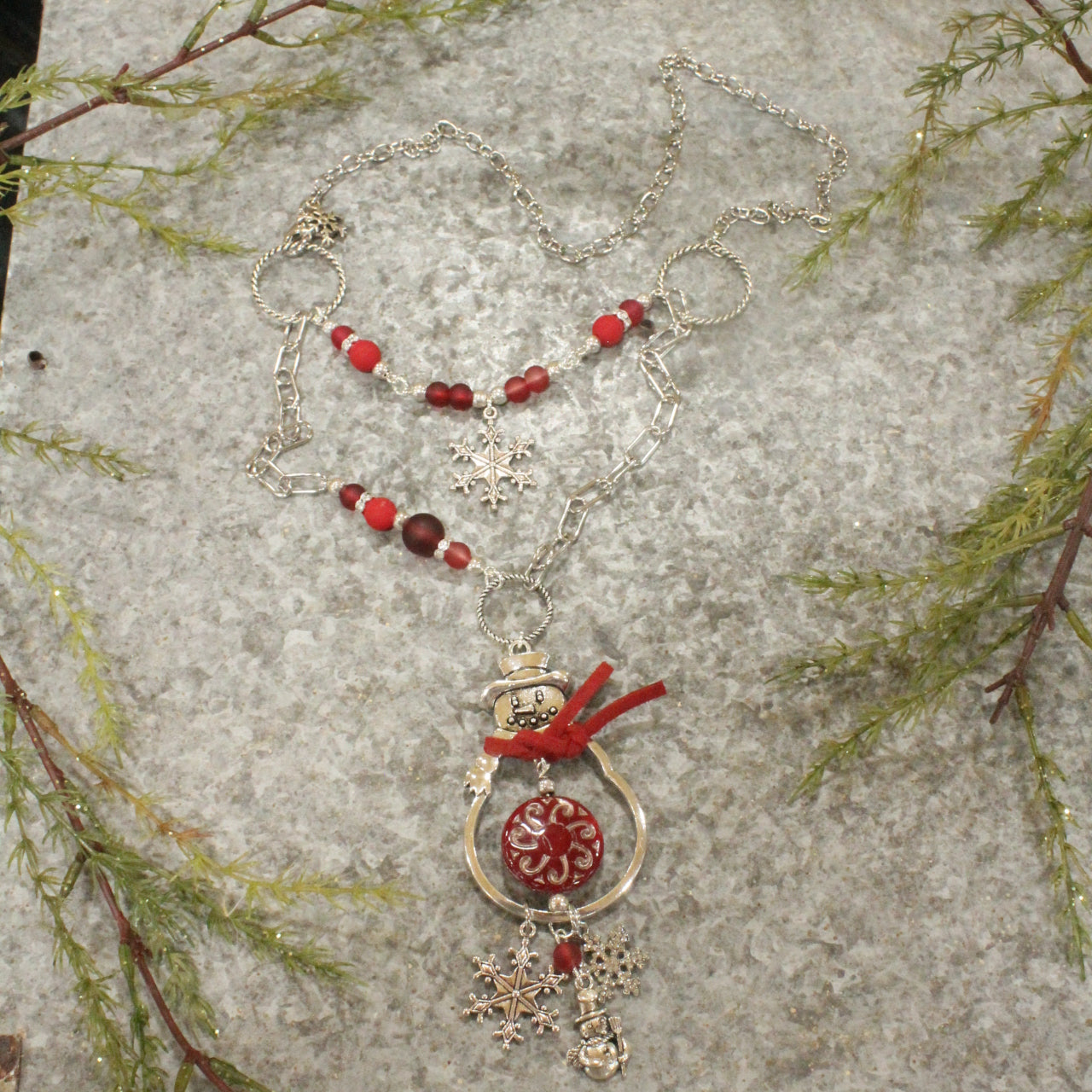 Silver Snowman & Snowflake Layered Pendant Necklace