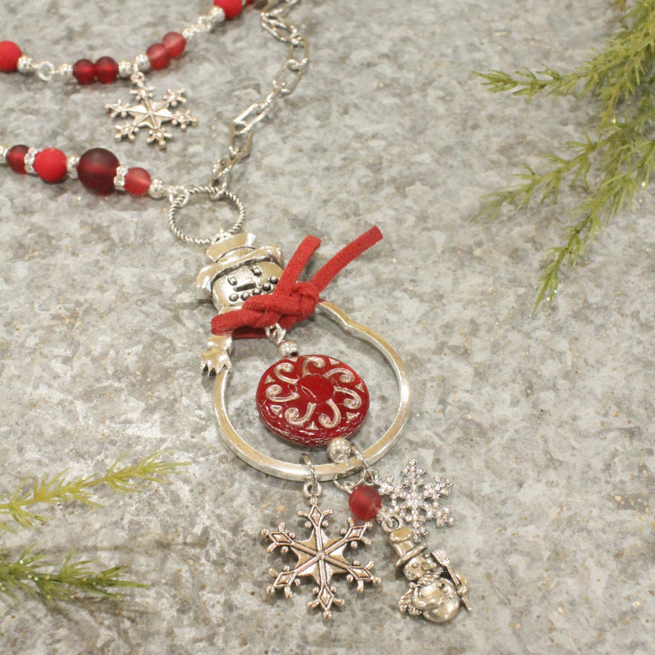 Silver Snowman & Snowflake Layered Pendant Necklace