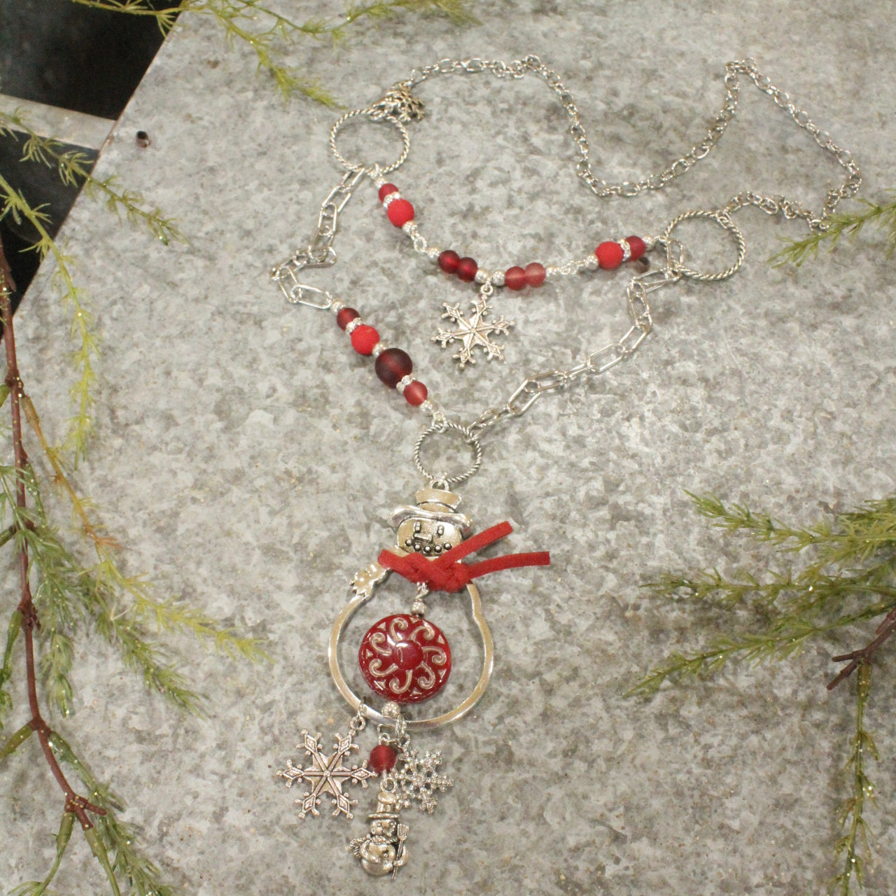 Silver Snowman & Snowflake Layered Pendant Necklace