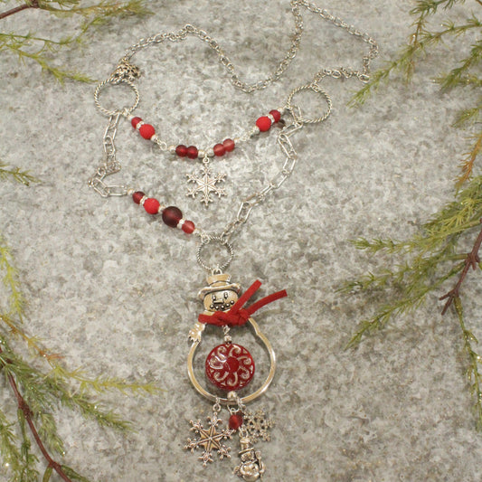 Silver Snowman & Snowflake Layered Pendant Necklace