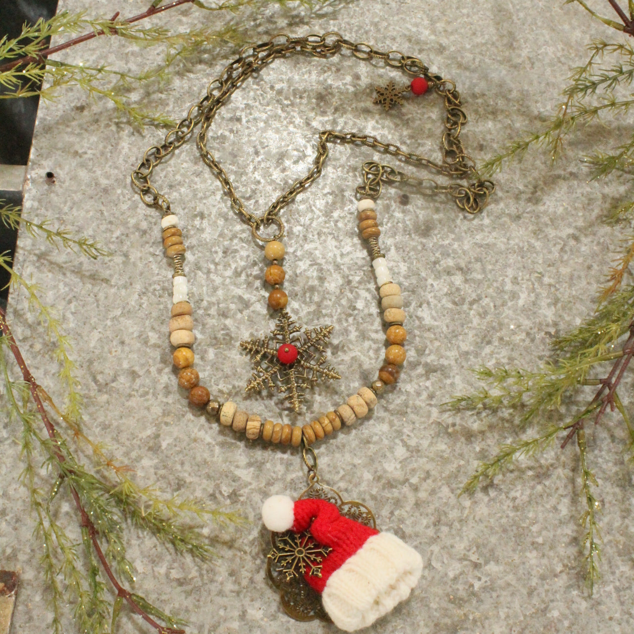 Santa's Hat & Snowflakes Falling Layered Pendant Necklace