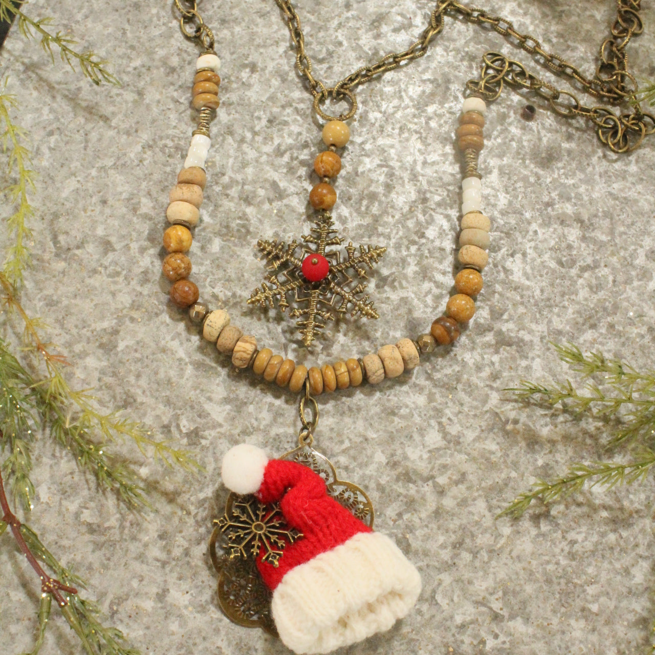 Santa's Hat & Snowflakes Falling Layered Pendant Necklace