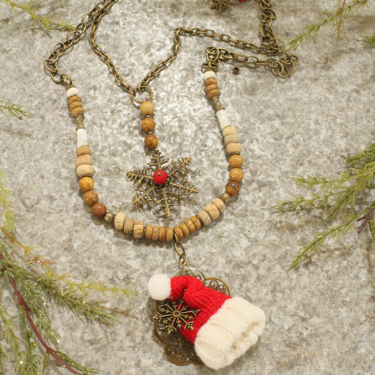 Santa's Hat & Snowflakes Falling Layered Pendant Necklace