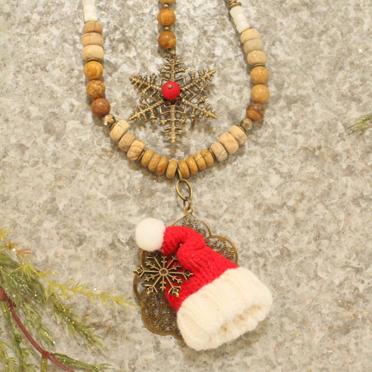 Santa's Hat & Snowflakes Falling Layered Pendant Necklace