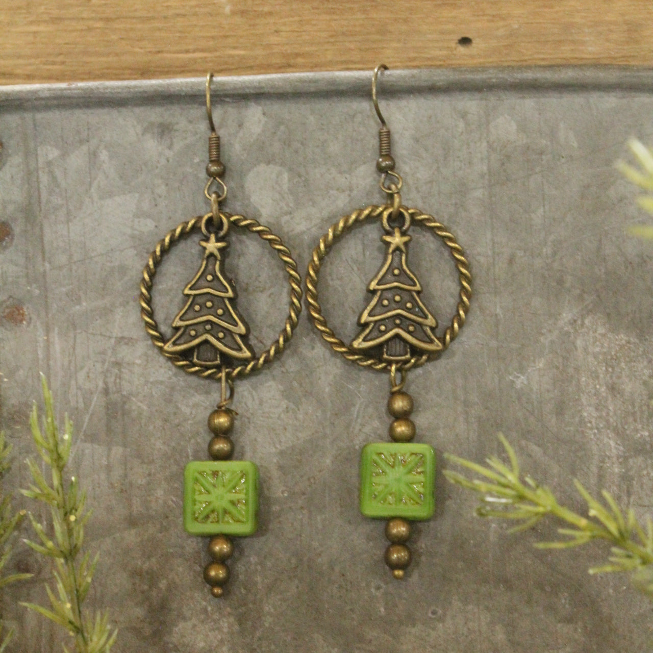 Czech Star & Evergreen Christmas Dangle Earrings