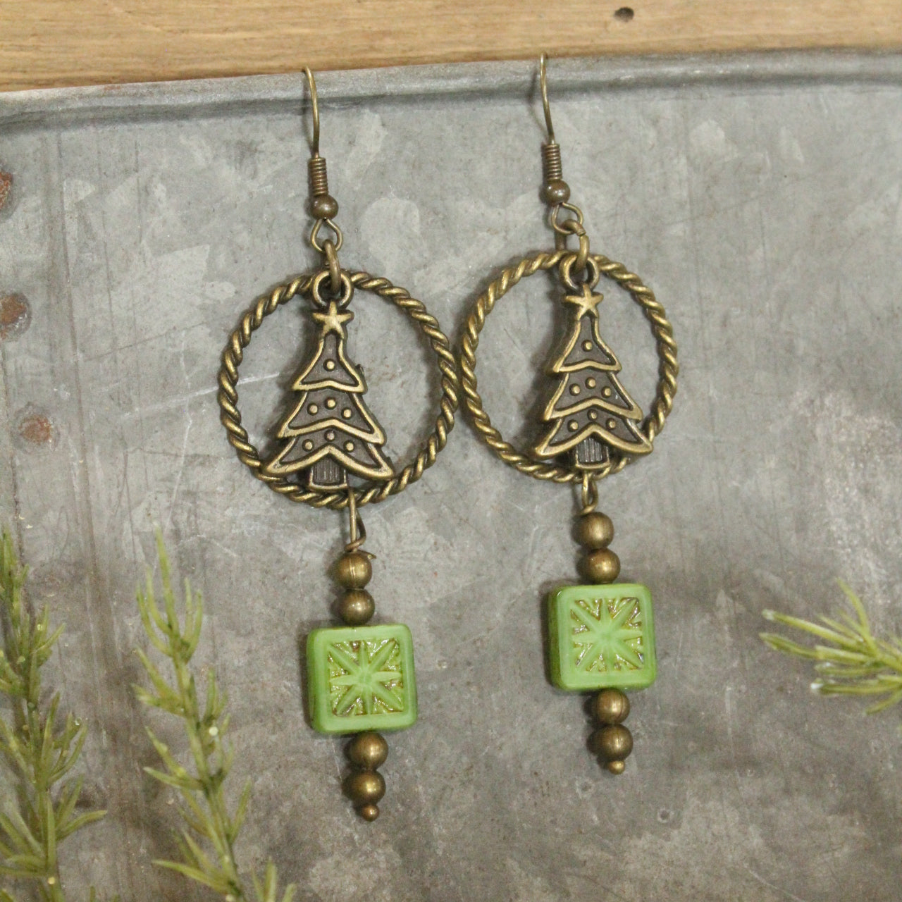 Czech Star & Evergreen Christmas Dangle Earrings