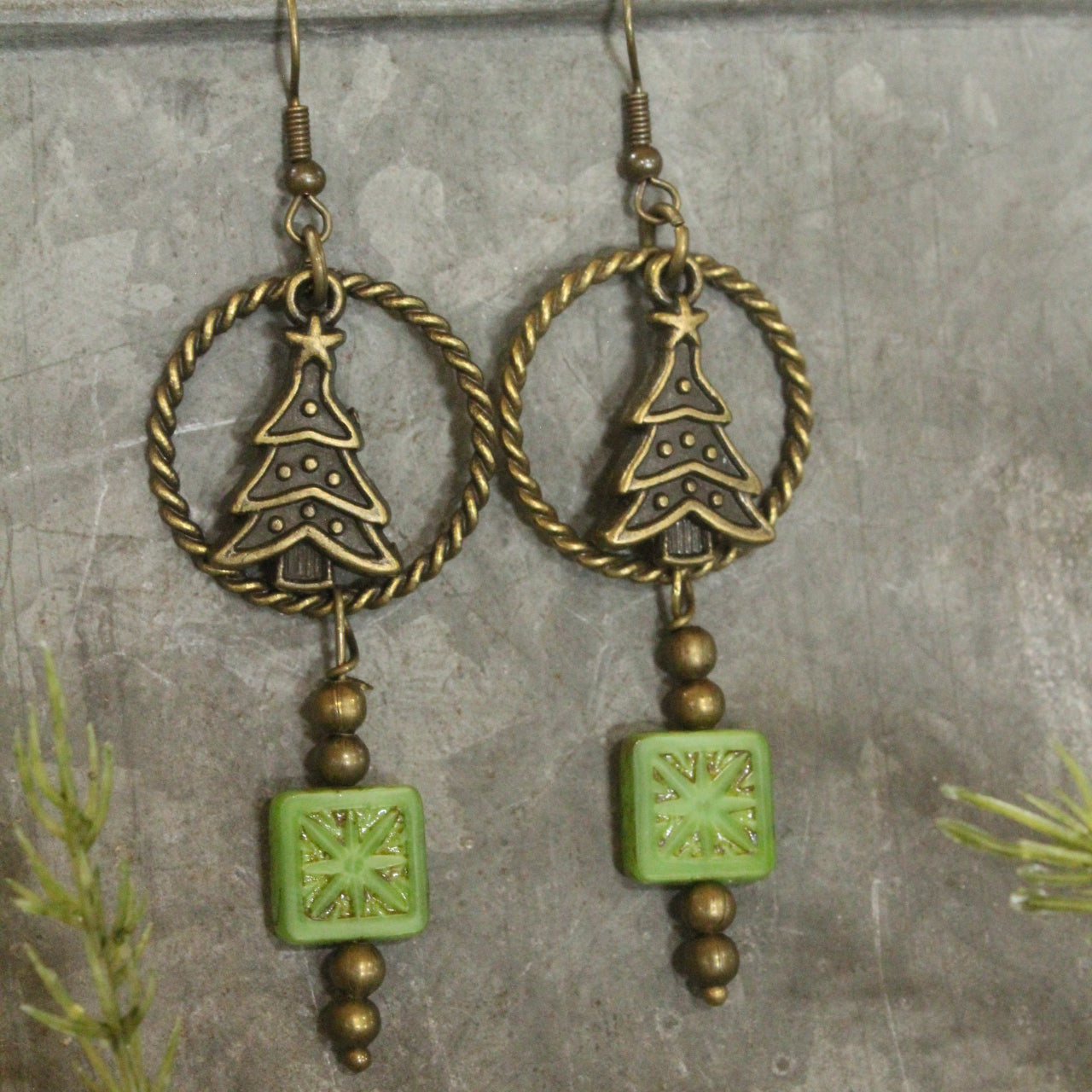 Czech Star & Evergreen Christmas Dangle Earrings