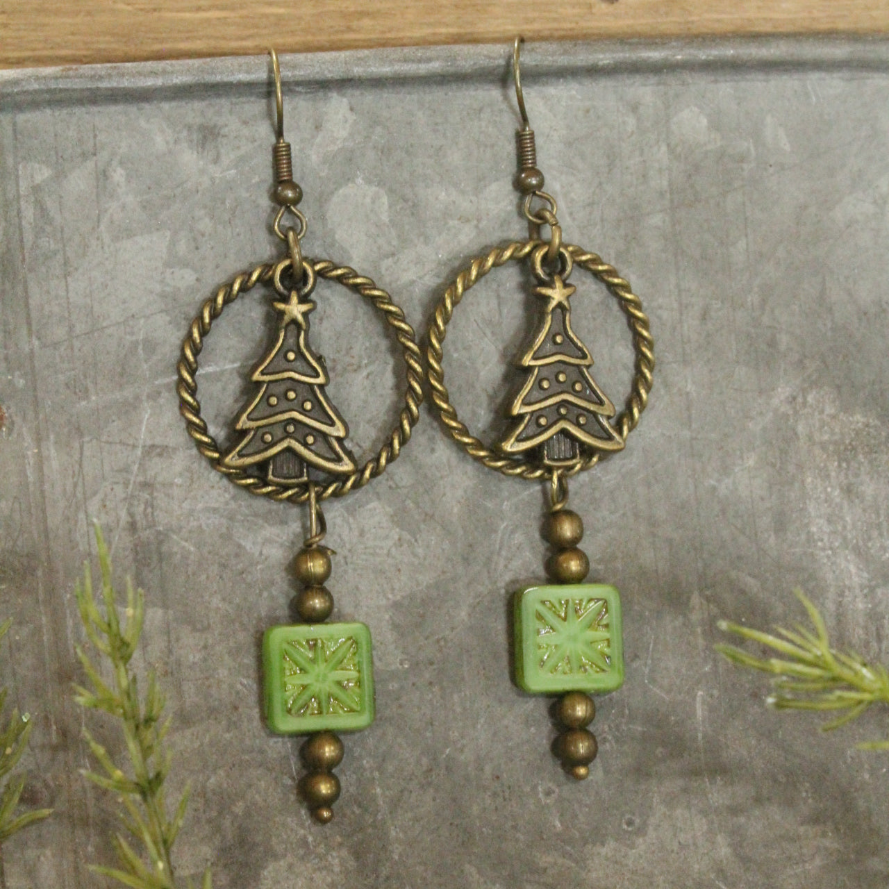 Czech Star & Evergreen Christmas Dangle Earrings