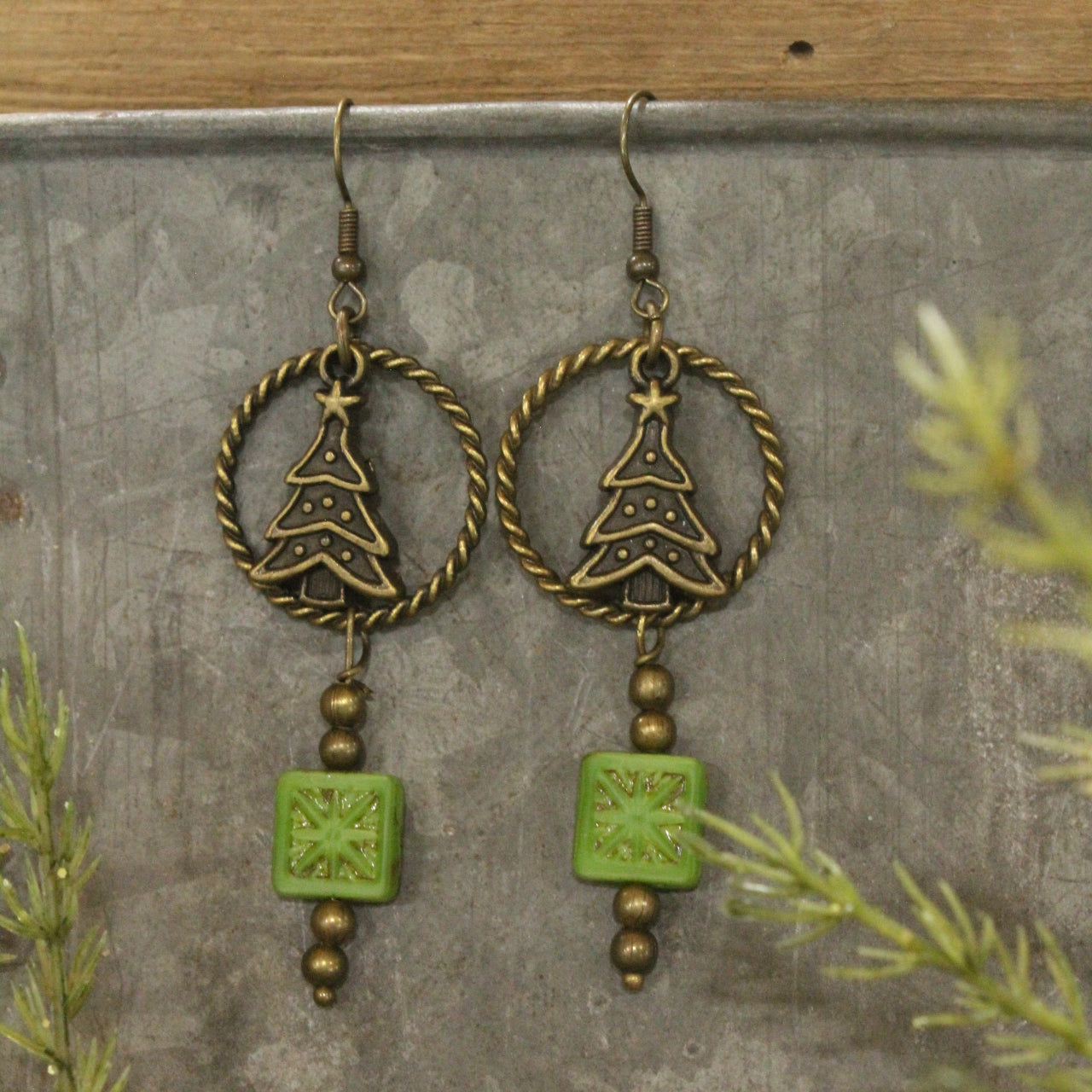 Czech Star & Evergreen Christmas Dangle Earrings