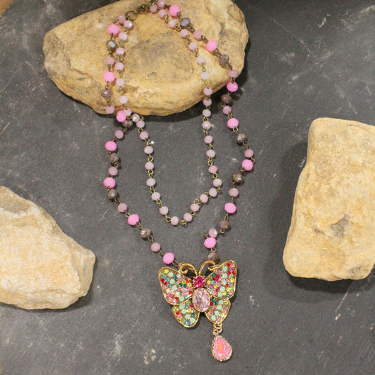 I Can Fly Pink Butterfly Layered Necklace