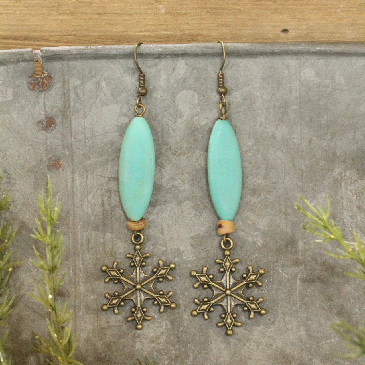 Mint Stone & Snowflake Dangle Earrings