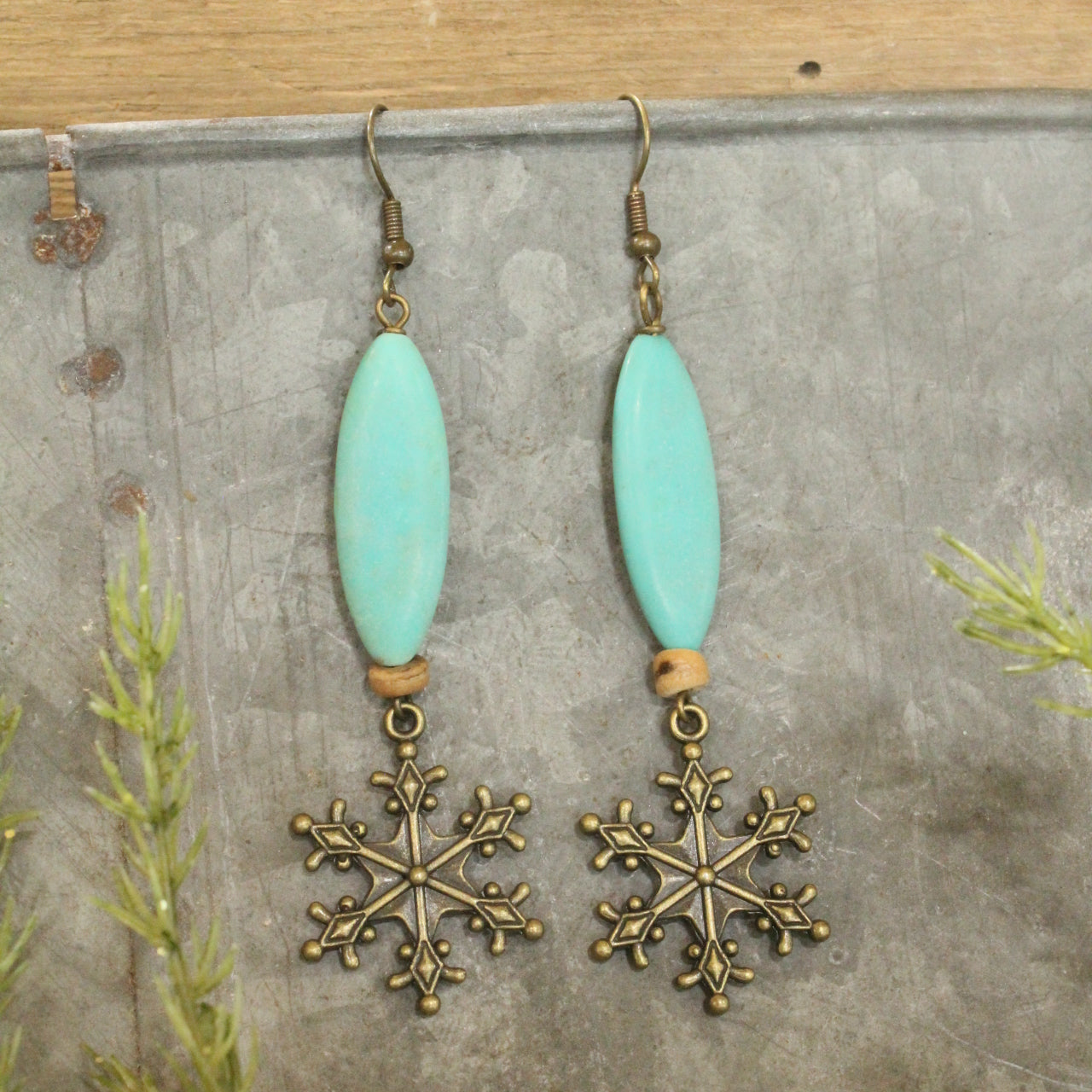 Mint Stone & Snowflake Dangle Earrings