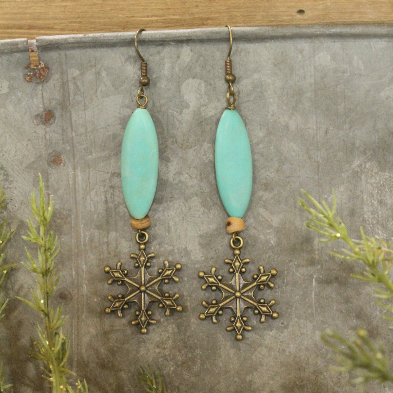 Mint Stone & Snowflake Dangle Earrings