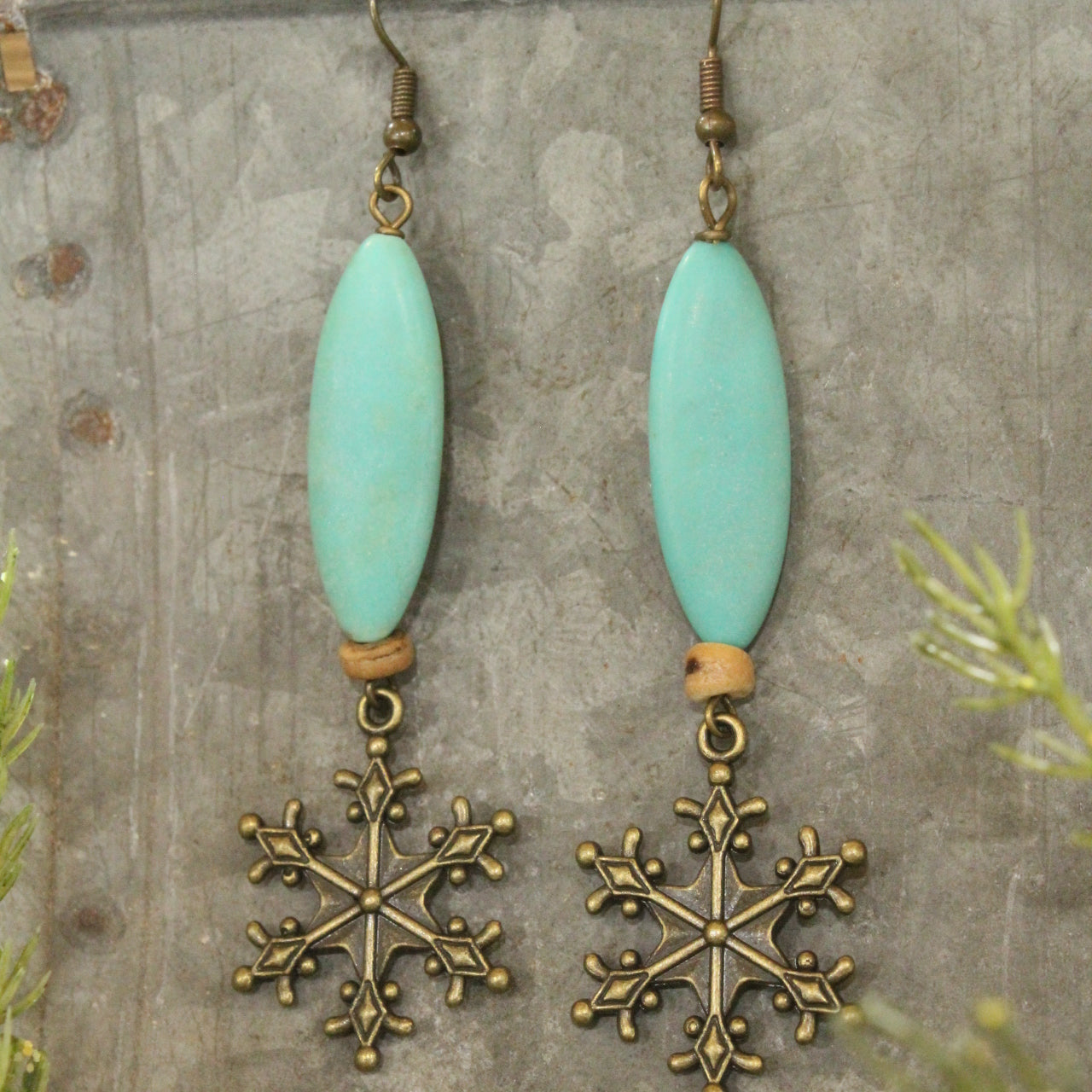 Mint Stone & Snowflake Dangle Earrings