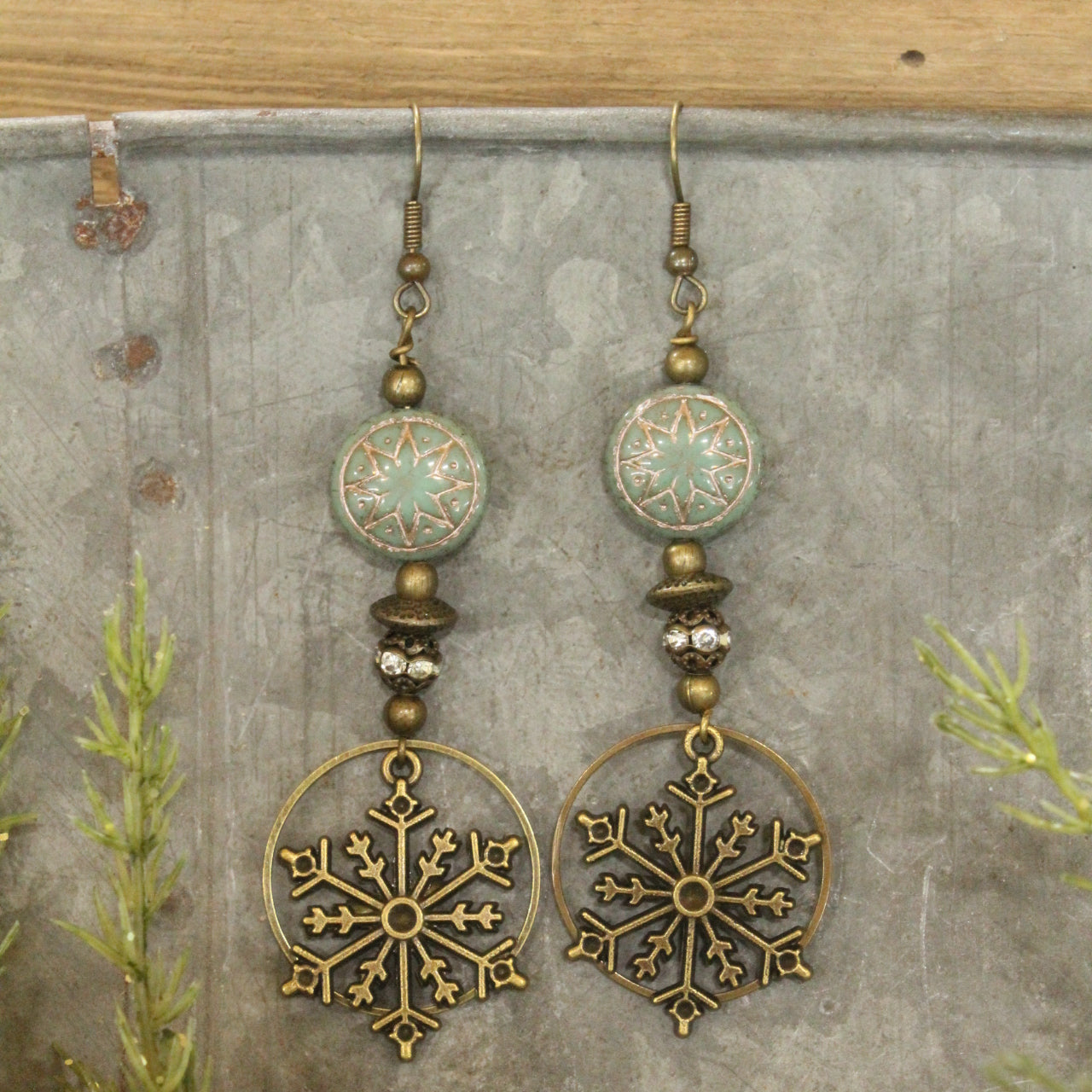 Czech & Bronze Snowflake Mint Dangle Earrings