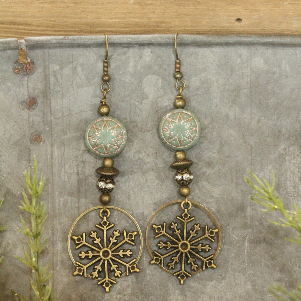 Czech & Bronze Snowflake Mint Dangle Earrings