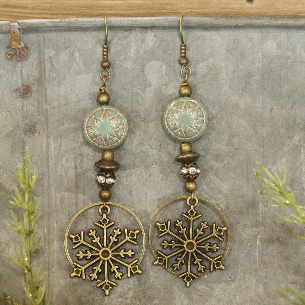 Czech & Bronze Snowflake Mint Dangle Earrings