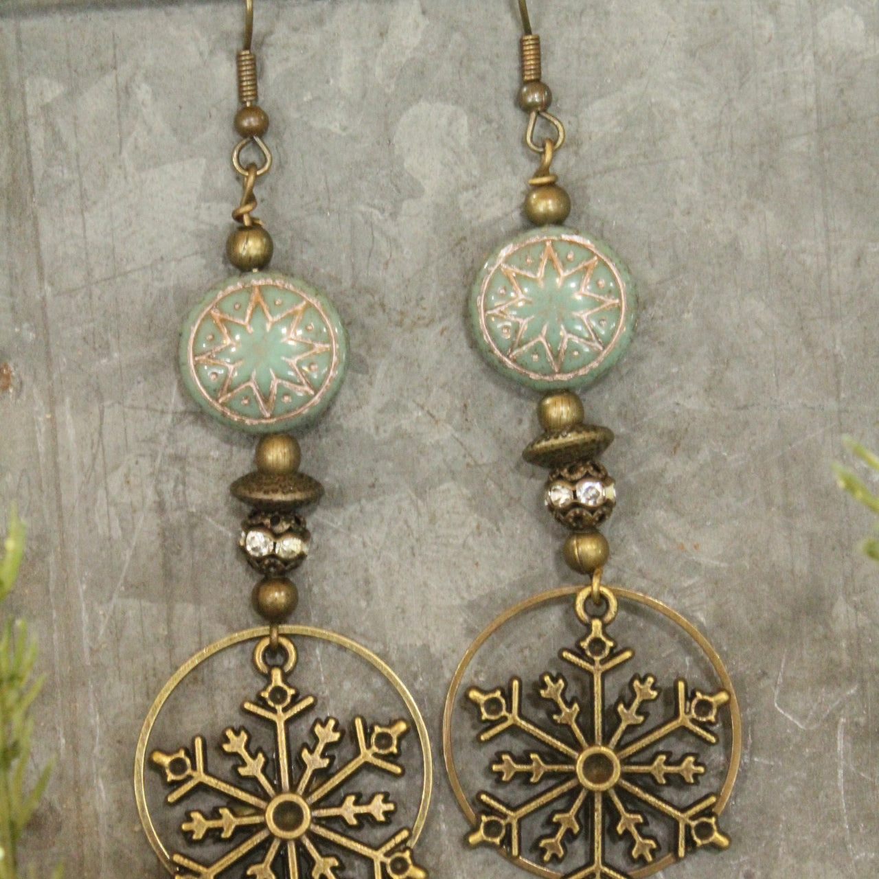 Czech & Bronze Snowflake Mint Dangle Earrings