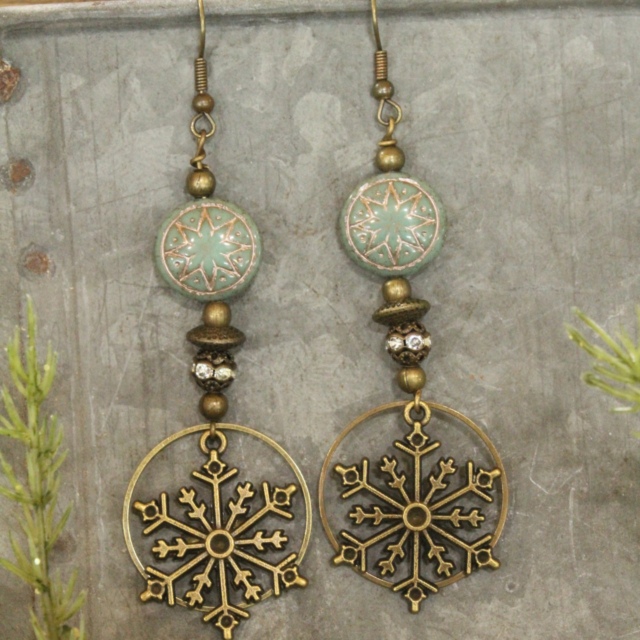 Czech & Bronze Snowflake Mint Dangle Earrings