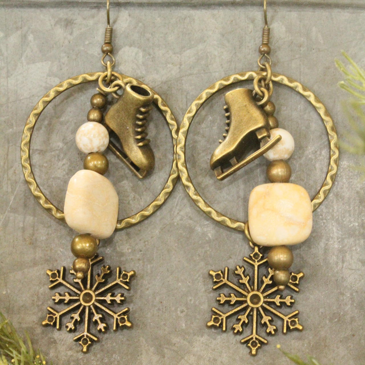 Bronze & Stone Ice Skating Hoop Earrings