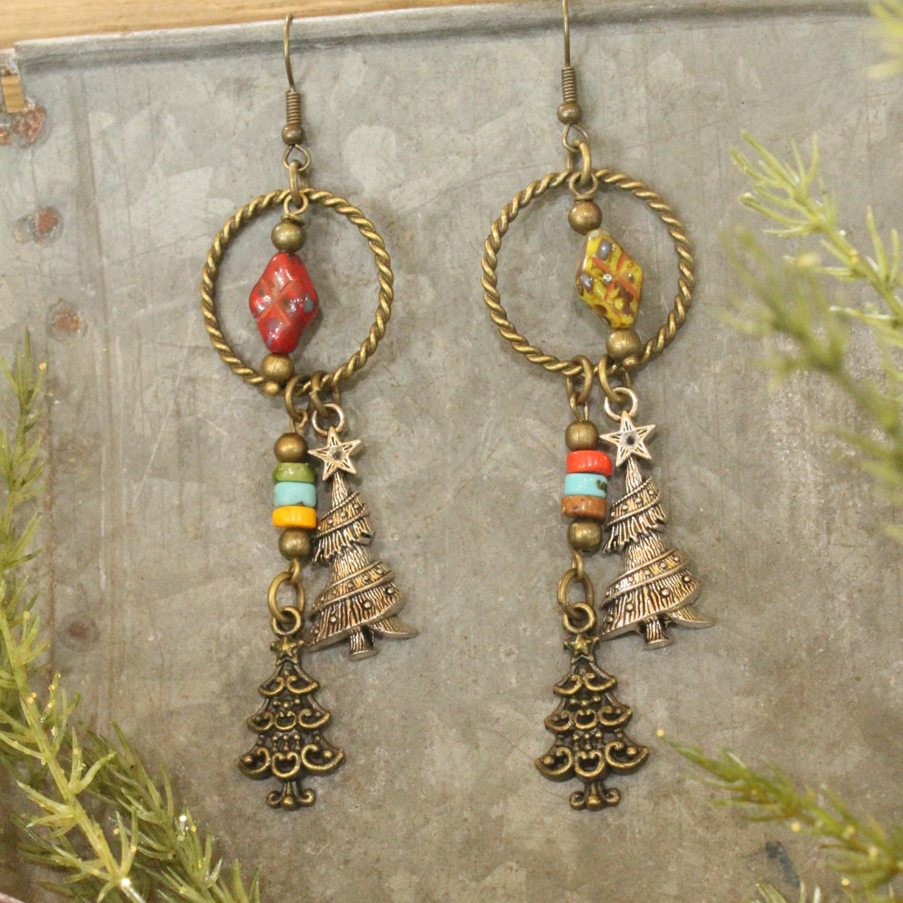 Czech Glass Packages Under The Tree Dangle Earrings