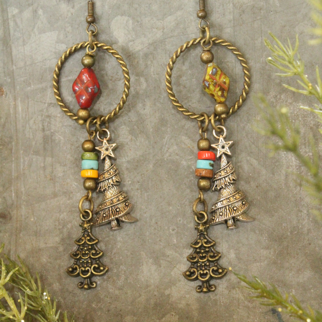 Czech Glass Packages Under The Tree Dangle Earrings