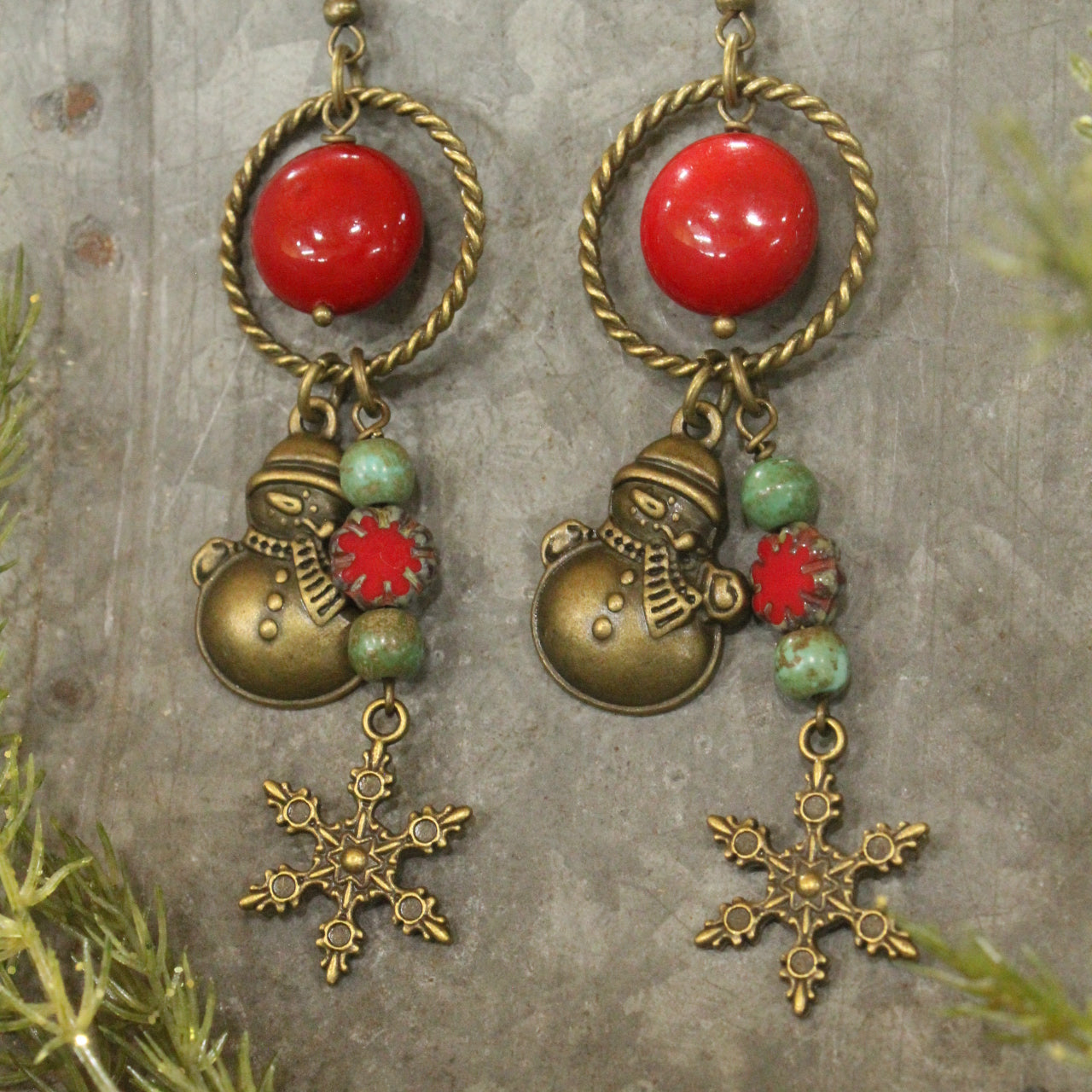 Czech & Bronze Snowflake Frosty Dangle Earrings