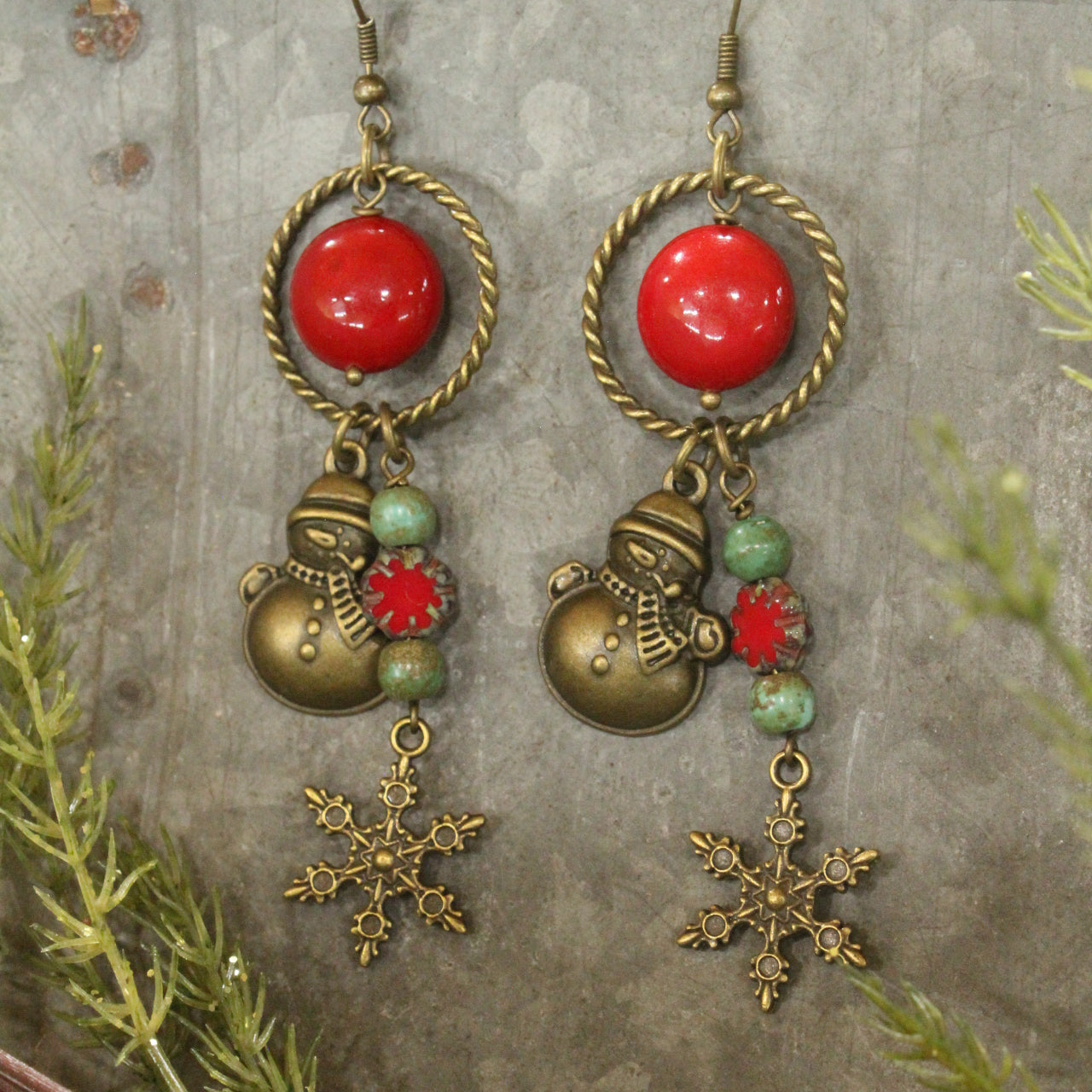 Czech & Bronze Snowflake Frosty Dangle Earrings