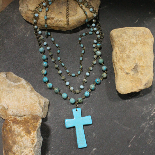 Bohemian Layered Turquoise Cross Necklace