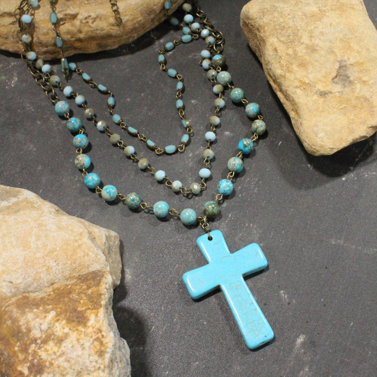 Bohemian Layered Turquoise Cross Necklace