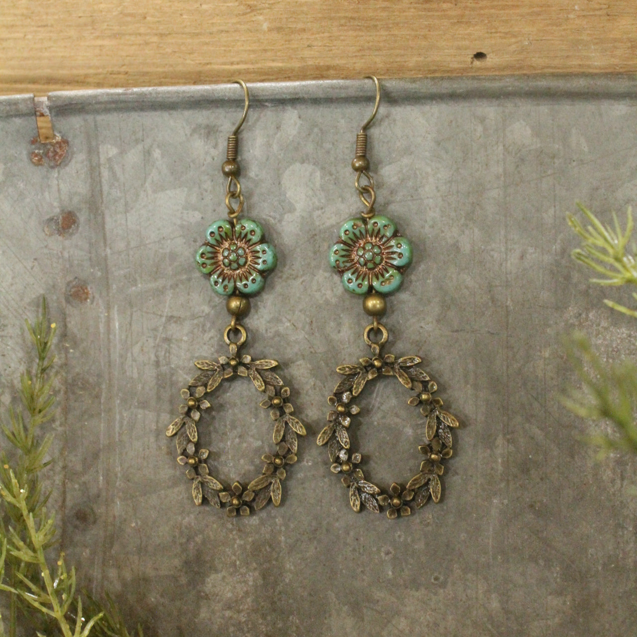 Bronze & Czech Wreath Earrings