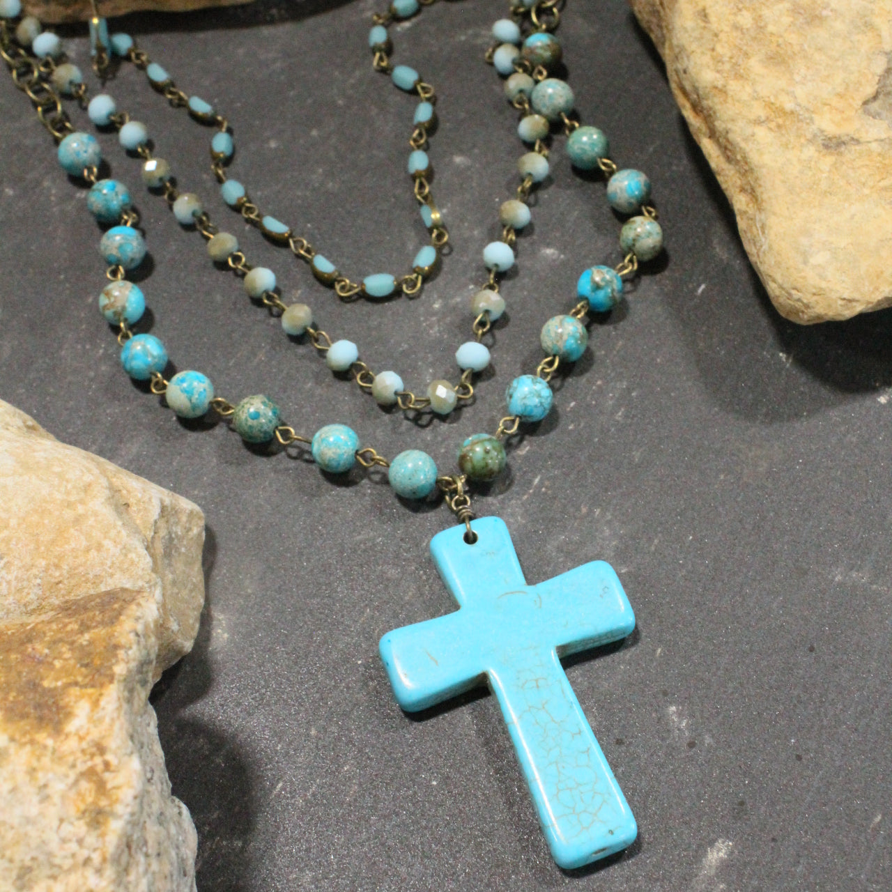 Bohemian Layered Turquoise Cross Necklace