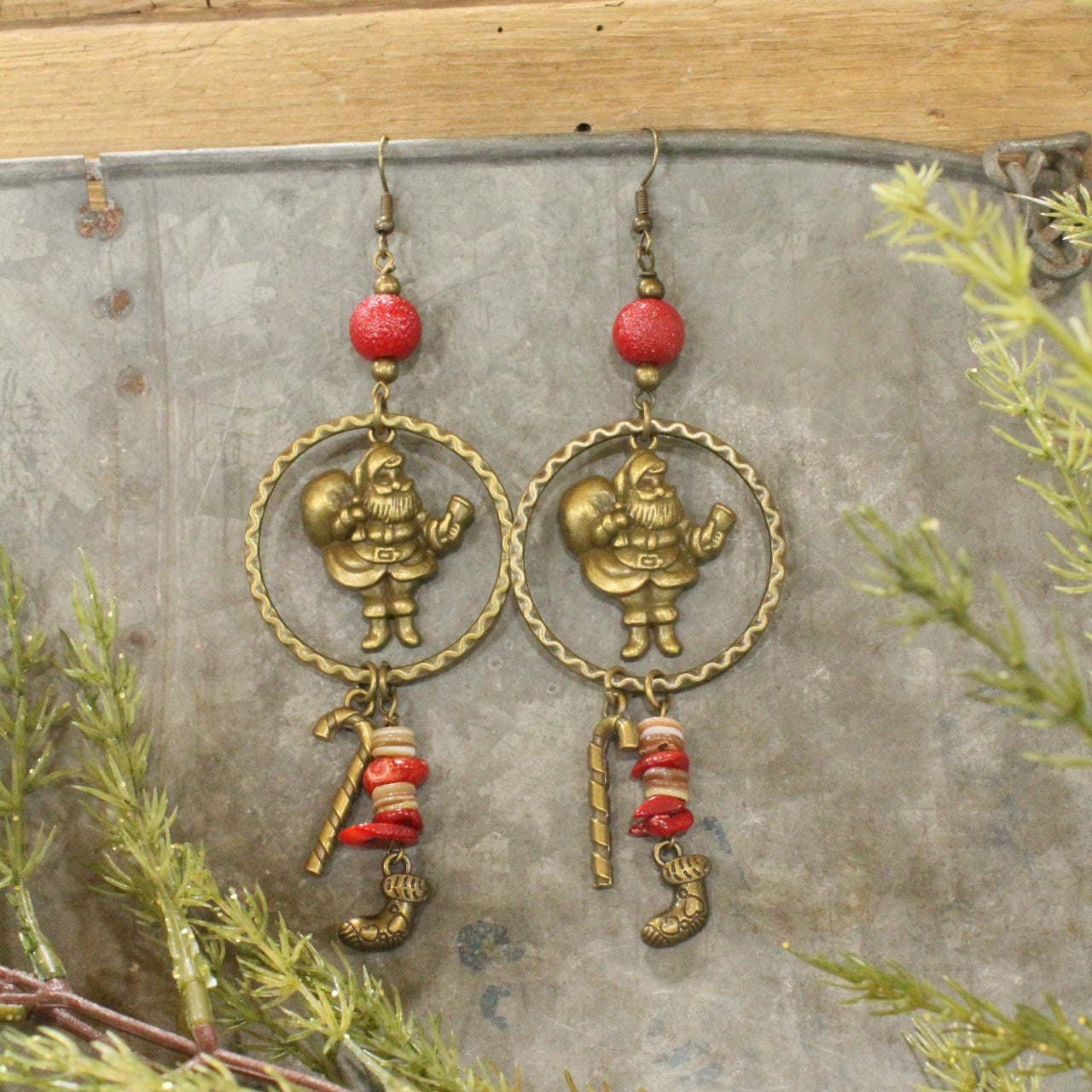 Bronze Santa & Candy Cane Dangle Earrings