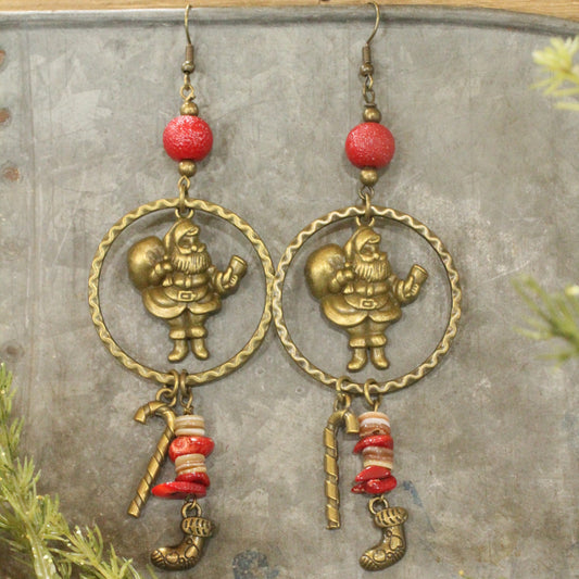 Bronze Santa & Candy Cane Dangle Earrings