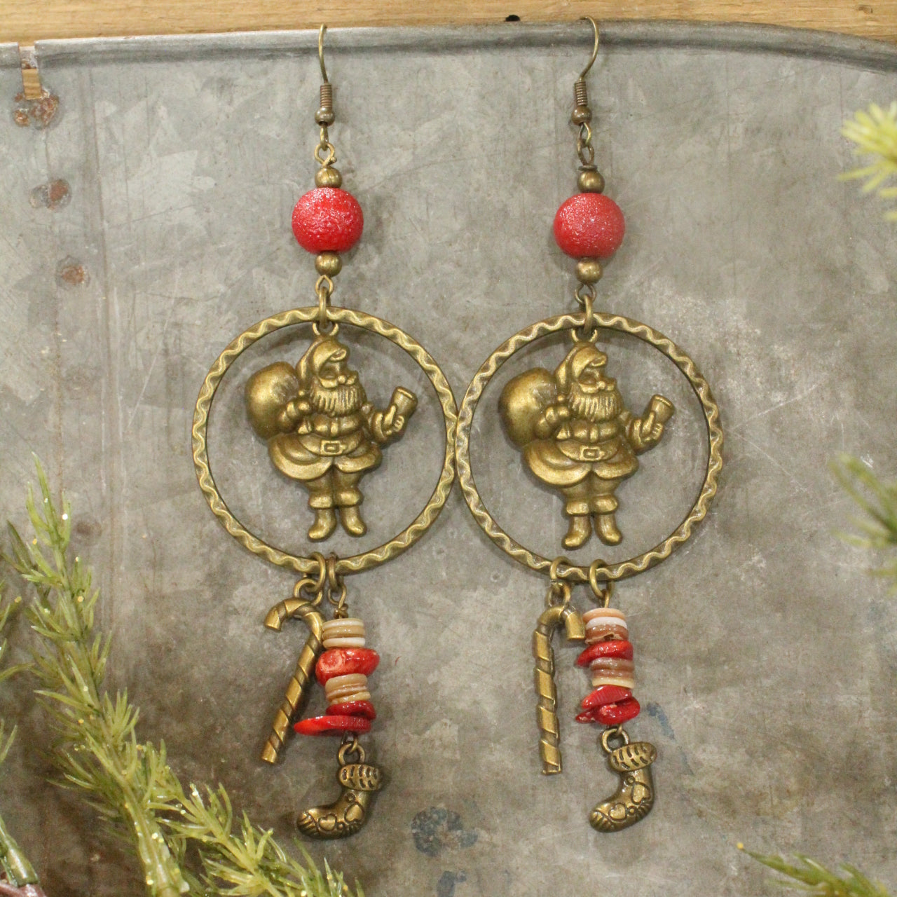 Bronze Santa & Candy Cane Dangle Earrings