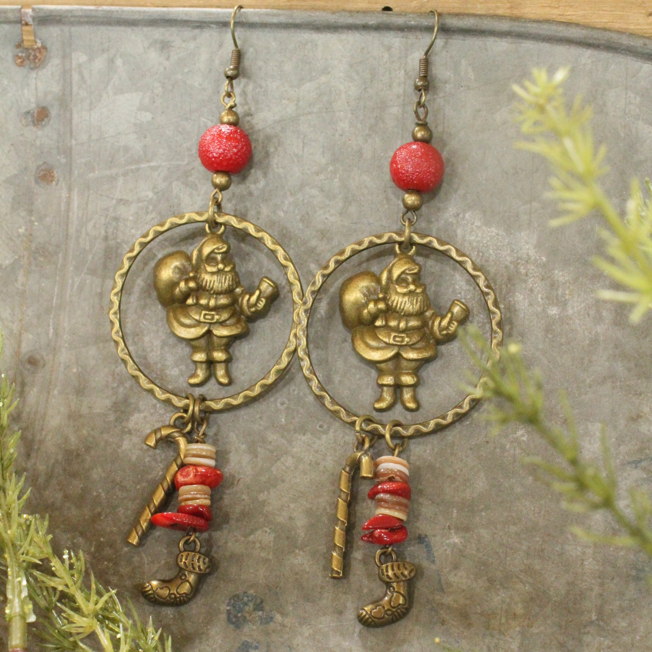 Bronze Santa & Candy Cane Dangle Earrings