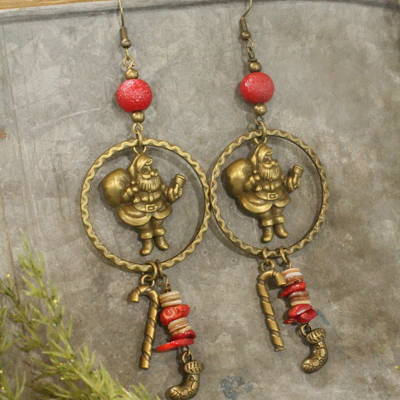 Bronze Santa & Candy Cane Dangle Earrings